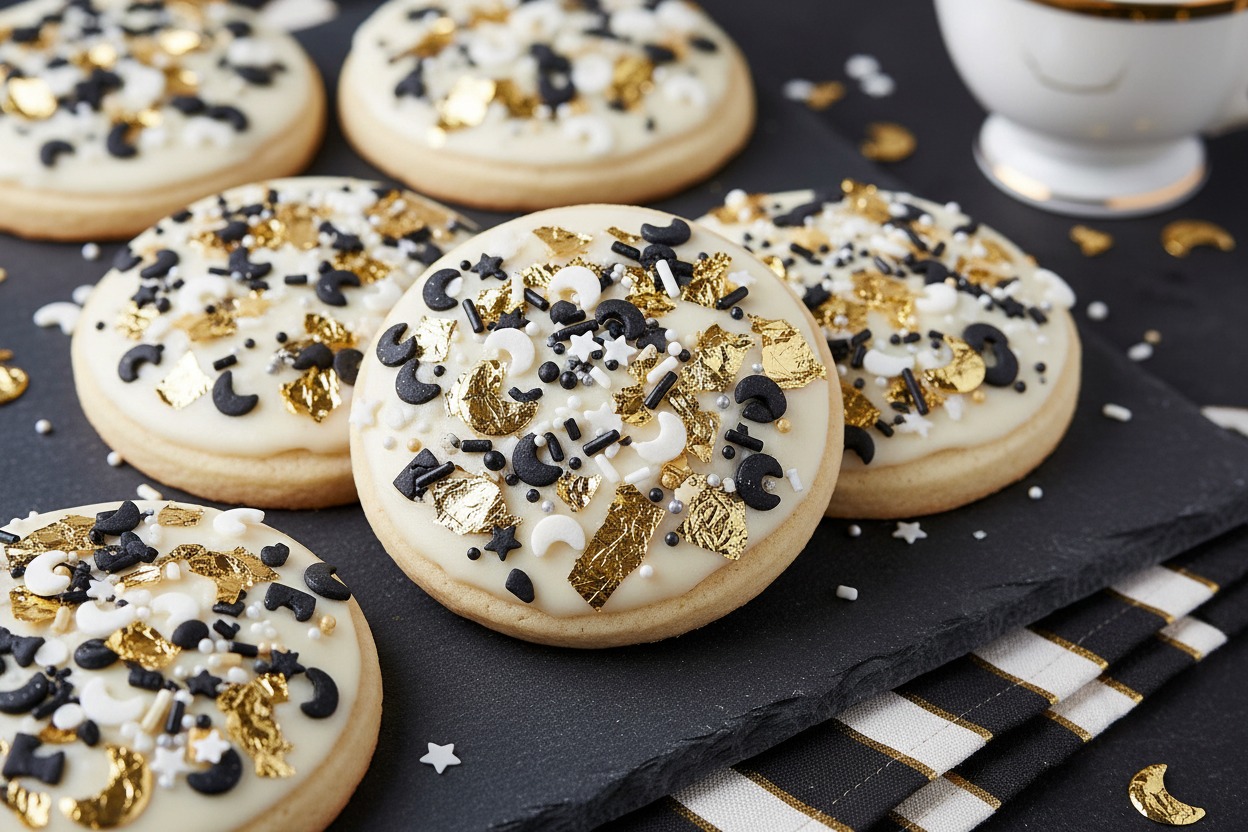 Black, White & Gold Confetti Cookies.Several frosted sugar cookies decorated with gold leaf flakes and black and white star and moon sprinkles rest on a dark slate board.
